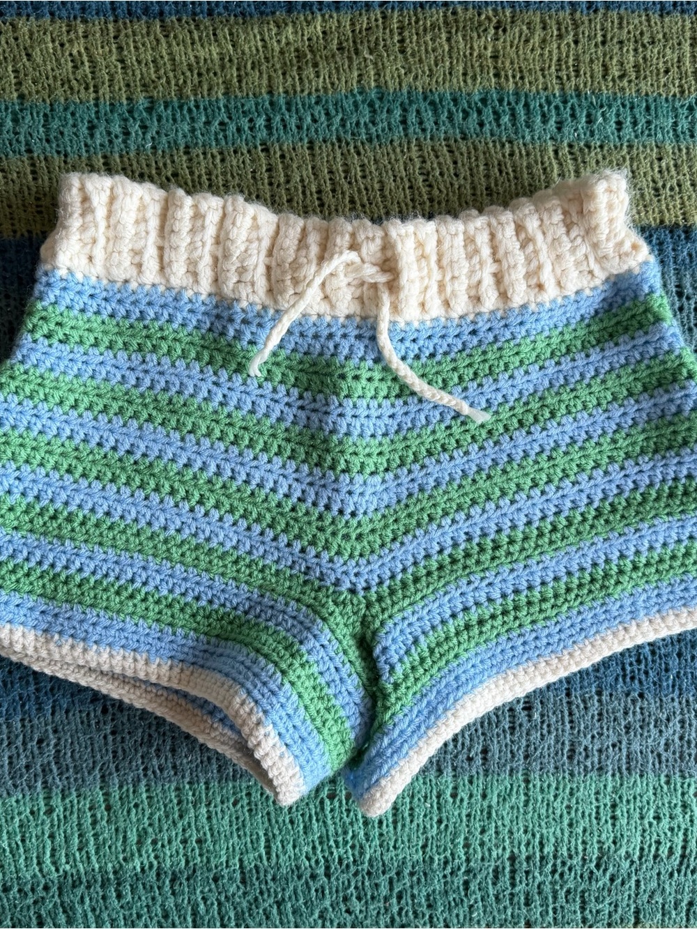 Handmade Crochet Stripe High-Waist Shorts in Cream, Blue & Green